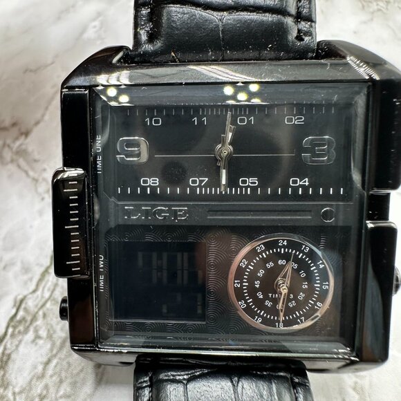 LIGE Watch Men Black Analog Digital Triple Time 42MM Dial New Battery 9.5 Inch - Picture 3 of 15
